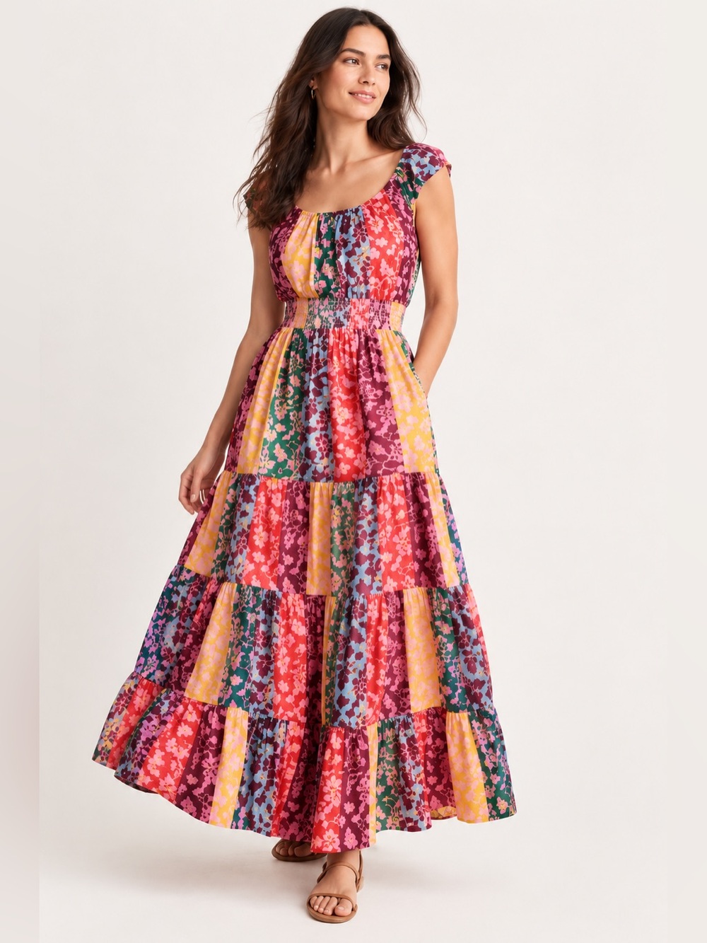 Boden Women’s US 10R Multicolor Floral Tiered Maxi Dress Smocked Waist